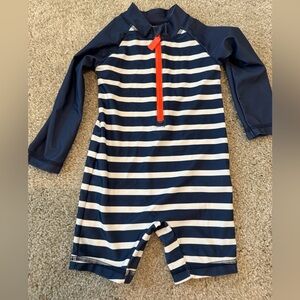 Navy & White Striped Kids Long-Sleeve Swim Sunsuit with Orange Zipper